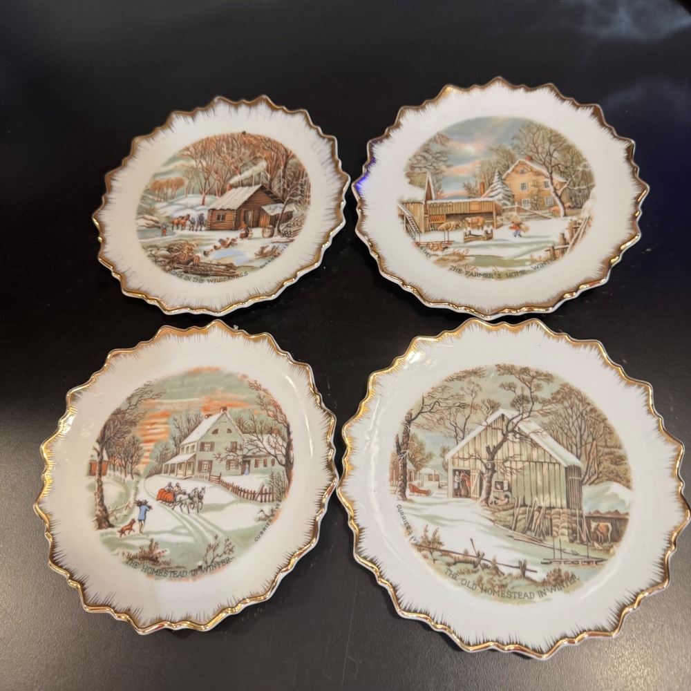 Currier & Ives Decorative Plates Set of 4 6.25" Gold Trim Winter Scenes Japan